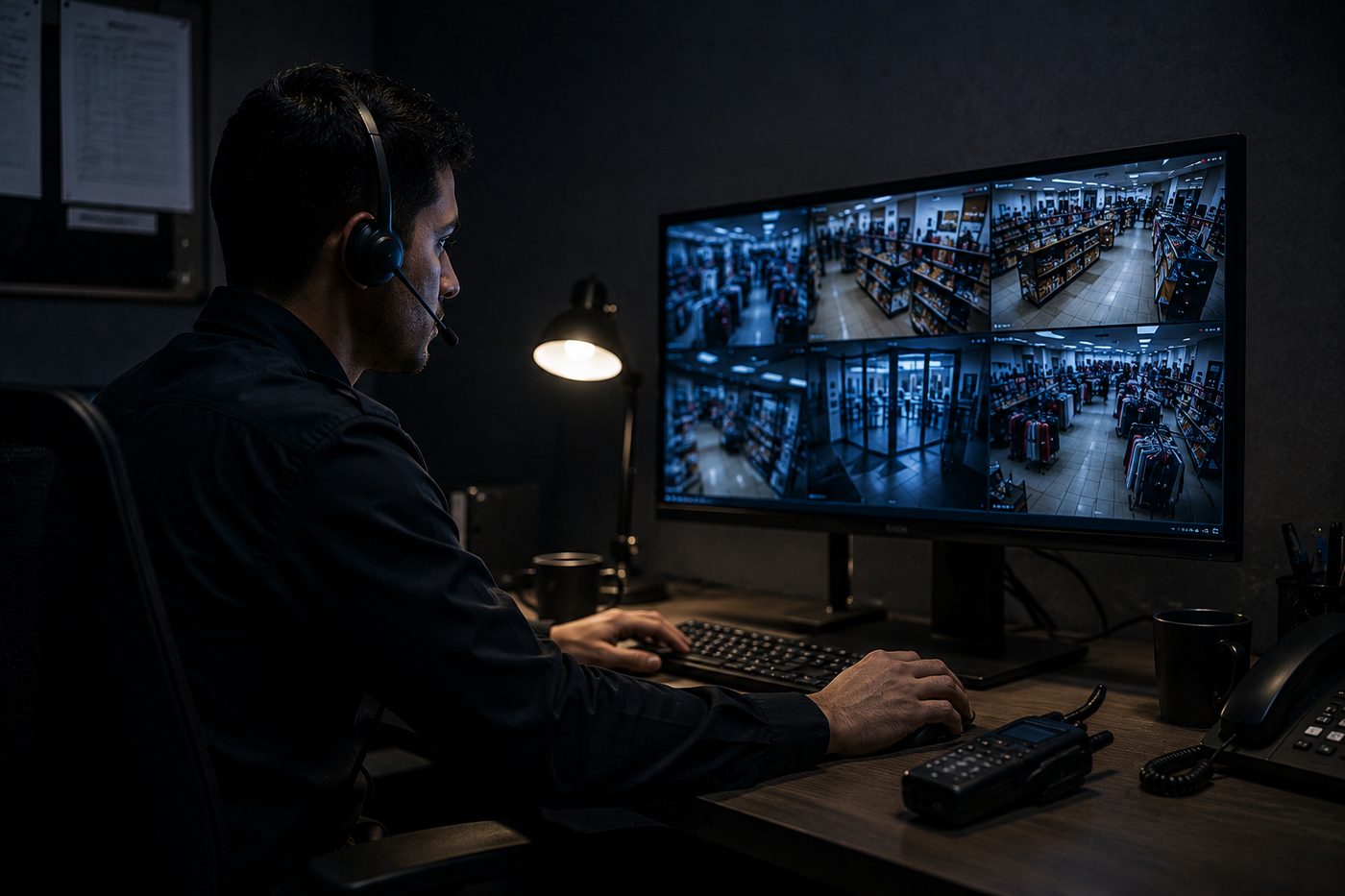 Security operator monitoring CCTV feeds at night