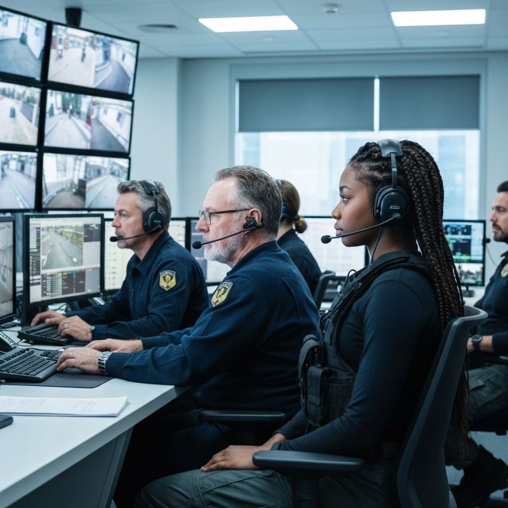 Control room with professional operators monitoring CCTV feeds