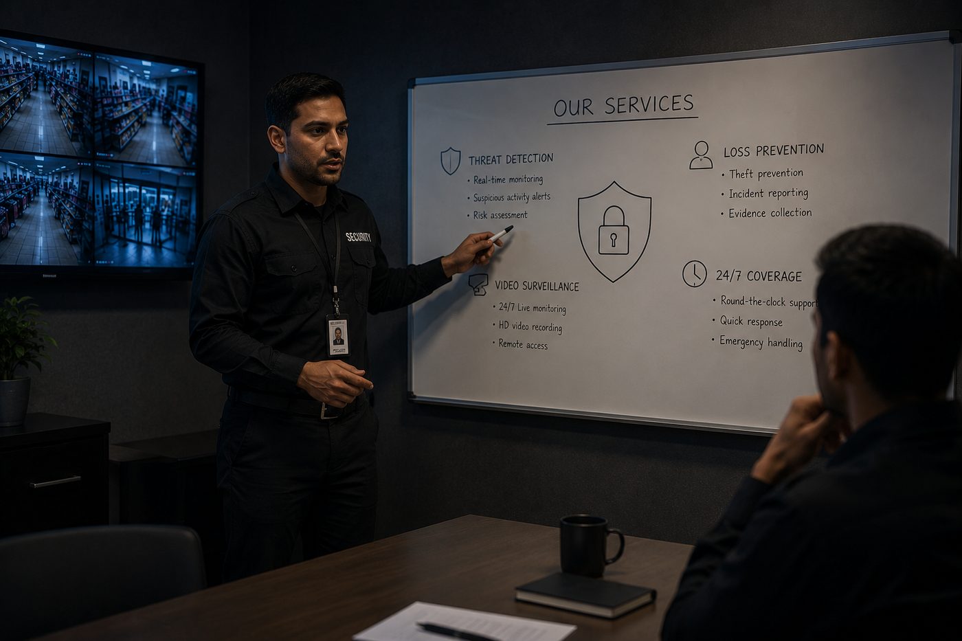 Security professional presenting monitoring services