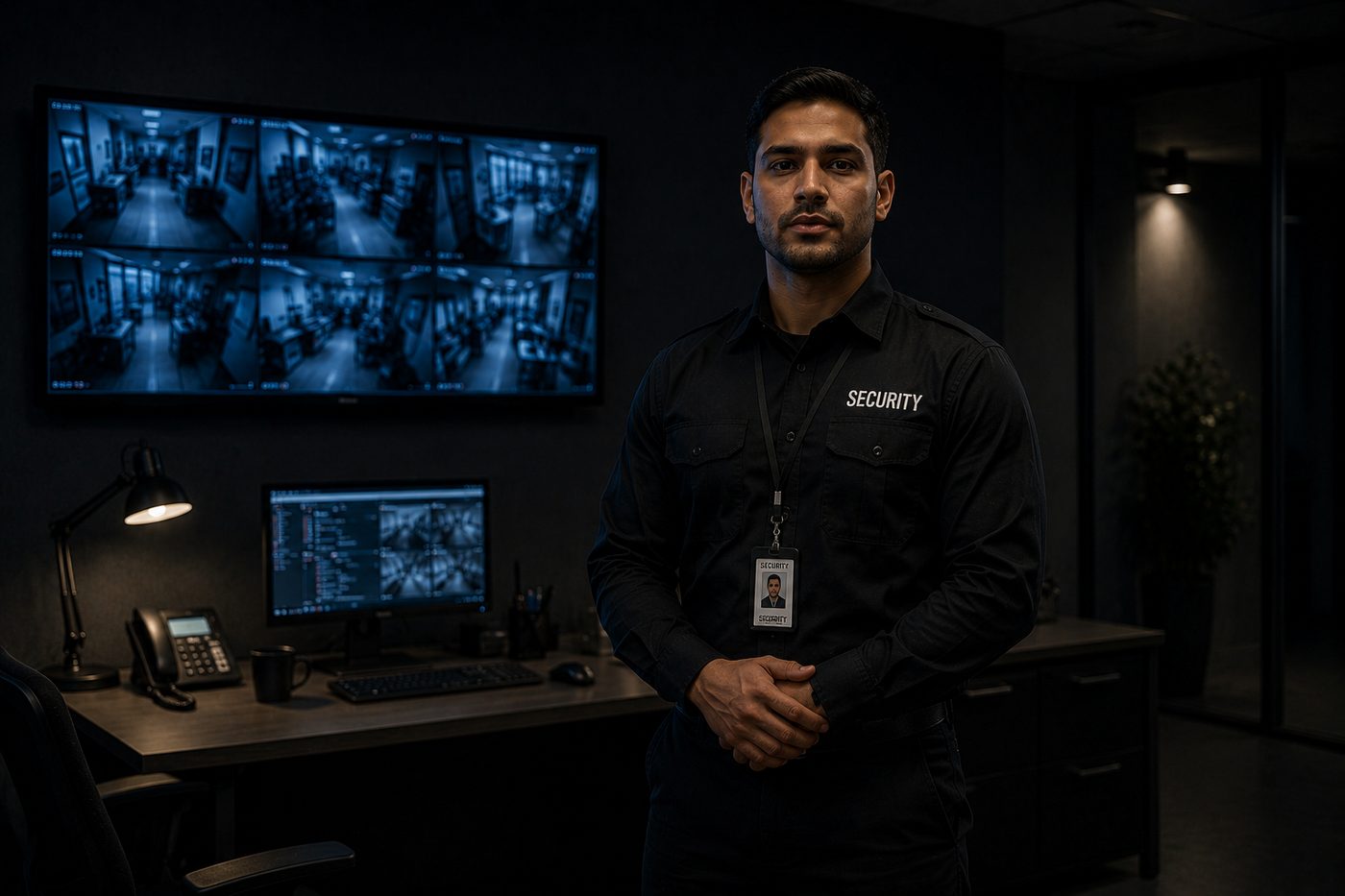 Professional security officer in monitoring operations room
